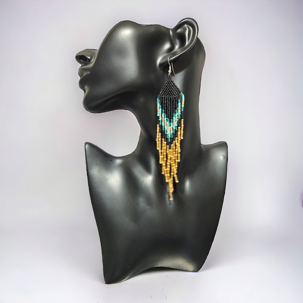 New! Long Boho Native Turquoise Gold Tassle seed bead Earrings